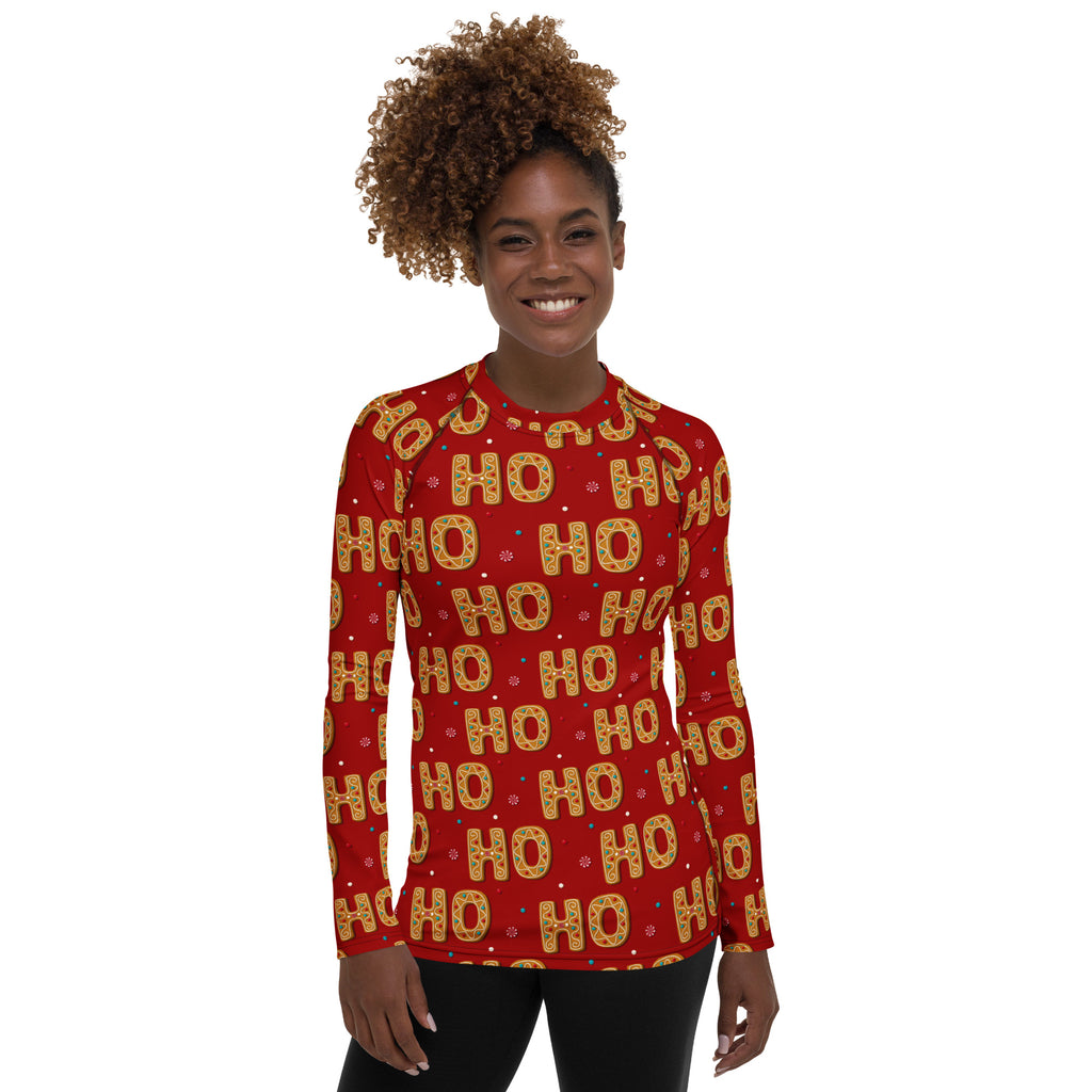 Women's Gingerbread Ho Ho Ho Christmas Long Sleeve Rash Guard Swim Shirt – Buttery Soft, Sun Safe UPF 50+ Protection, Quick Dry & 4-Way Stretch Comfort