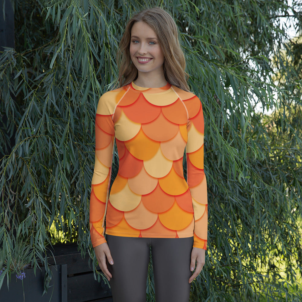 Women's Orange Mermaid Long Sleeve Rash Guard Swim Shirt – Buttery Soft, Sun Safe UPF 50+ Protection, Quick Dry & 4-Way Stretch Comfort