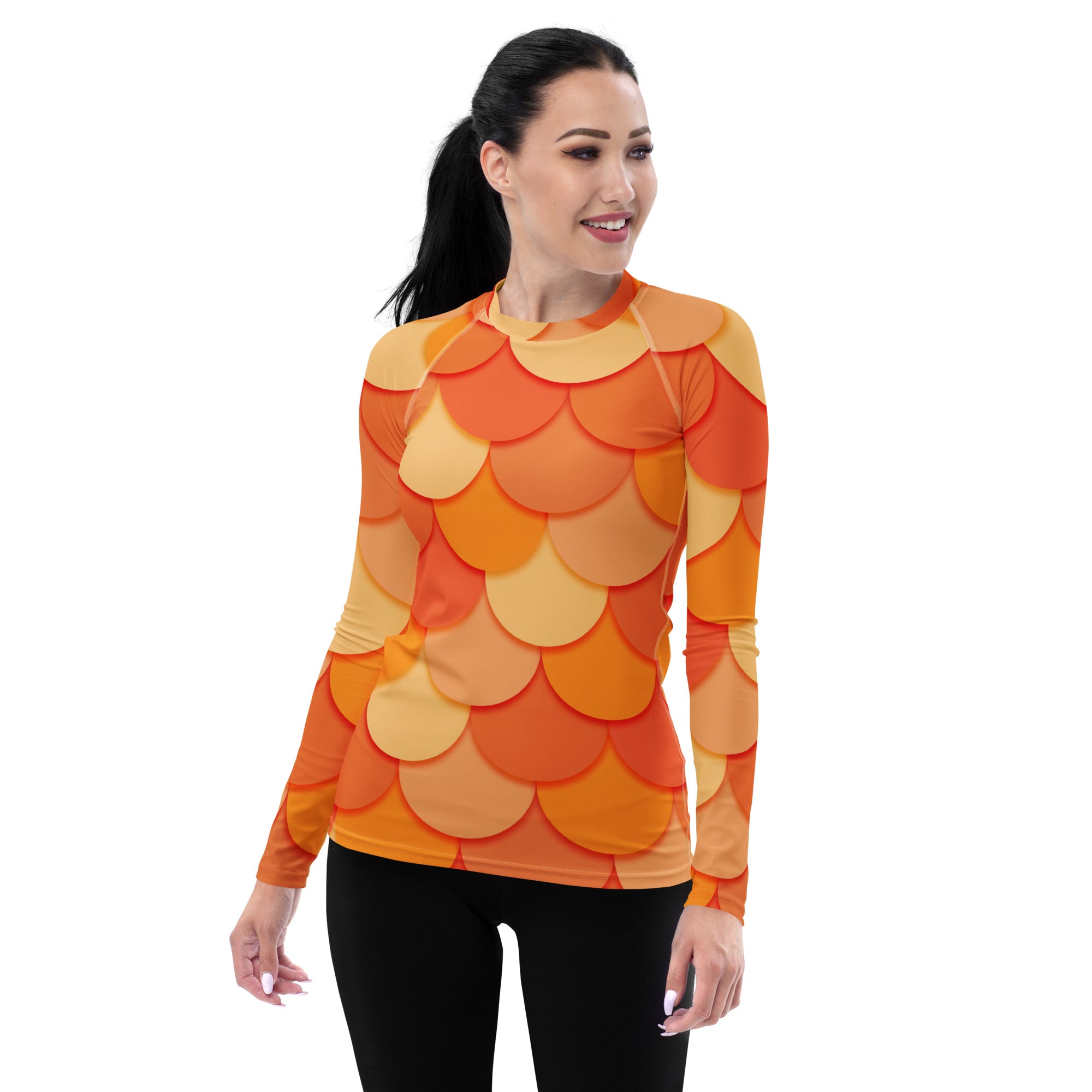 Women's Orange Mermaid Long Sleeve Rash Guard Swim Shirt – Buttery Soft, Sun Safe UPF 50+ Protection, Quick Dry & 4-Way Stretch Comfort