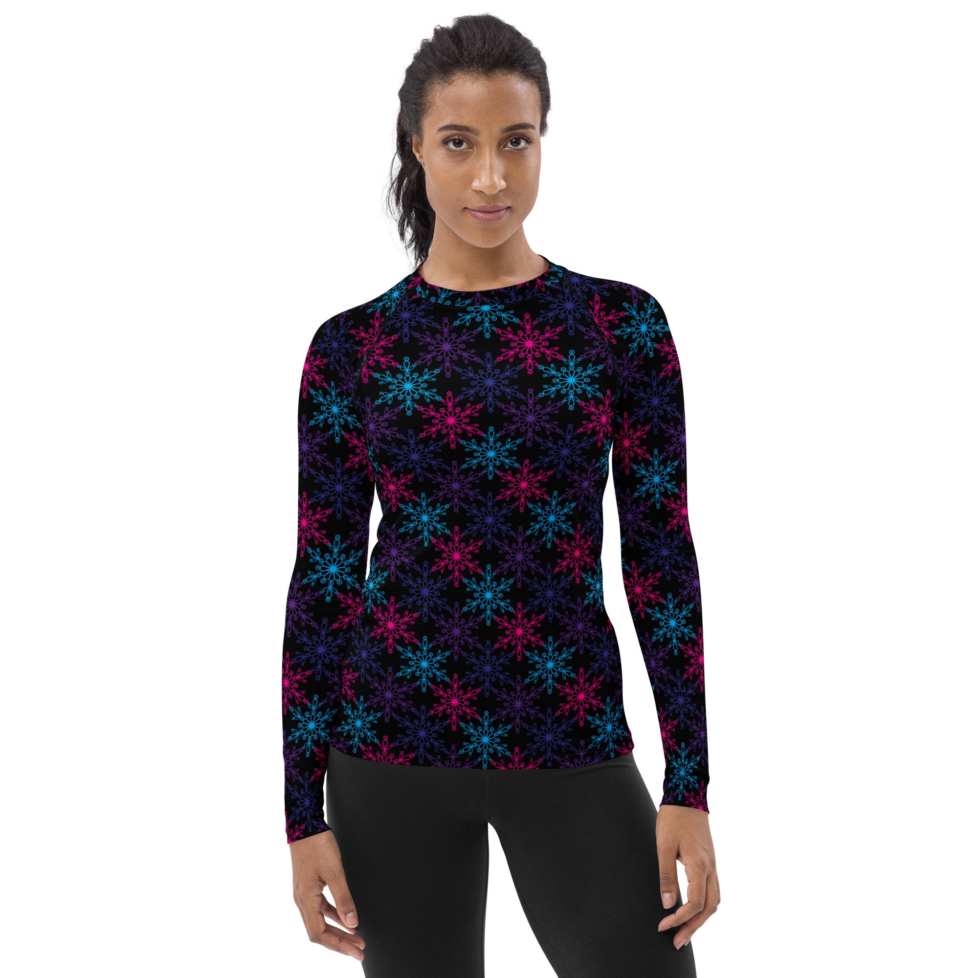 Women's Neon Snowflake Long Sleeve Rash Guard Swim Shirt – Buttery Soft, Sun Safe UPF 50+ Protection, Quick Dry & 4-Way Stretch Comfort