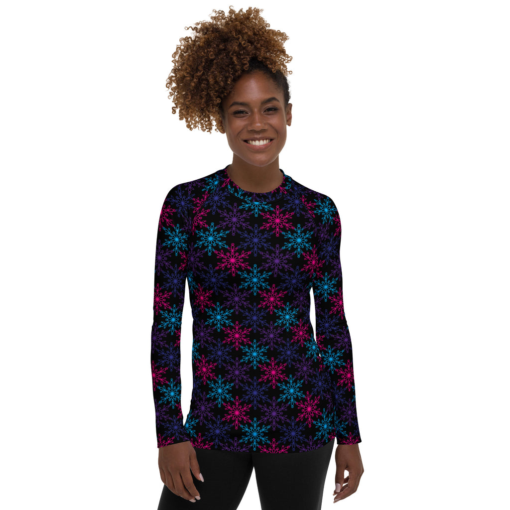 Women's Neon Snowflake Long Sleeve Rash Guard Swim Shirt – Buttery Soft, Sun Safe UPF 50+ Protection, Quick Dry & 4-Way Stretch Comfort