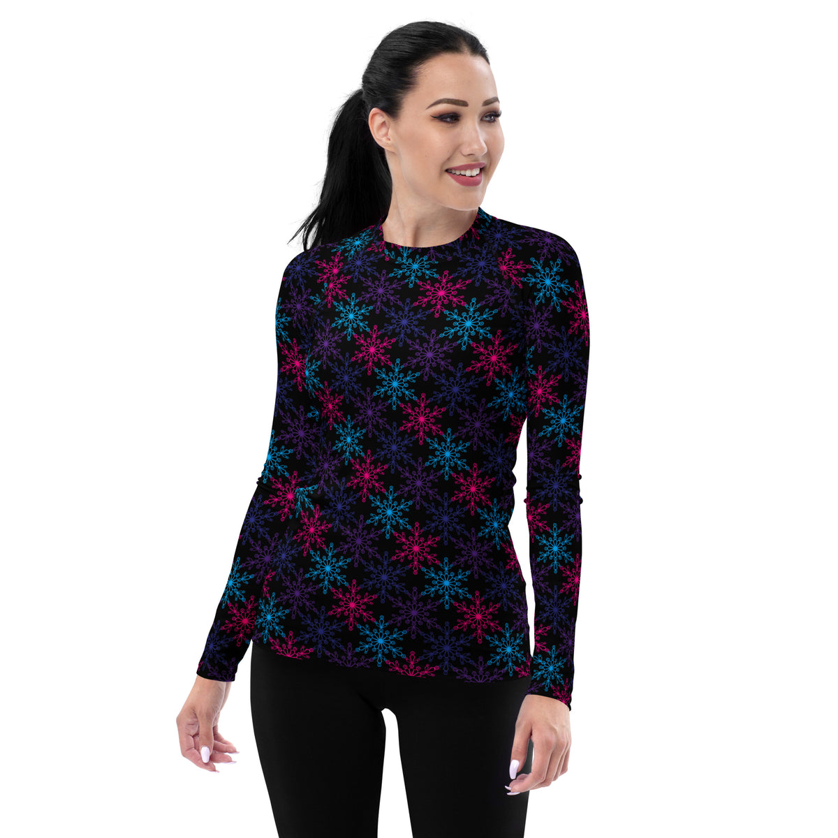 Women's Neon Snowflake Long Sleeve Rash Guard Swim Shirt – Buttery Soft, Sun Safe UPF 50+ Protection, Quick Dry & 4-Way Stretch Comfort