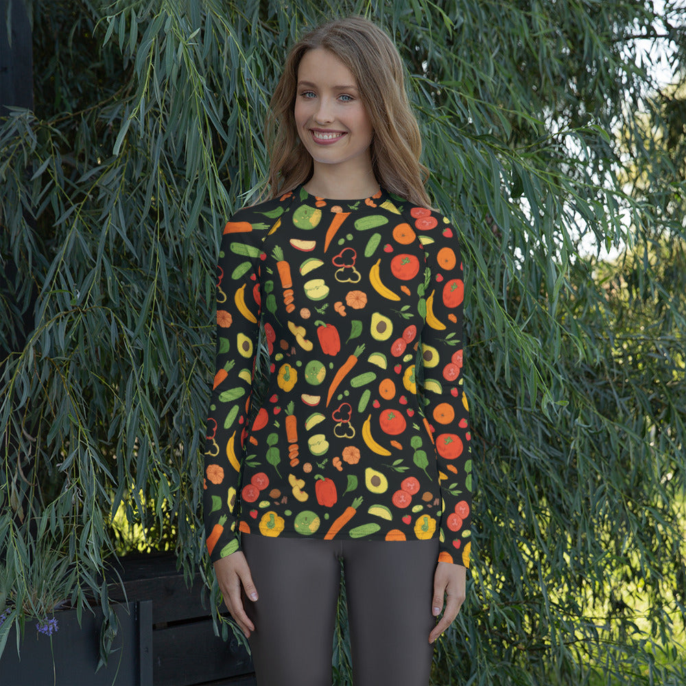 Women's Fruit & Vegetable Long Sleeve Rash Guard Swim Shirt – Buttery Soft, Sun Safe UPF 50+ Protection, Quick Dry & 4-Way Stretch Comfort