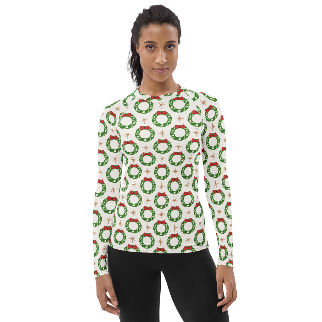 Women's Christmas Wreath Long Sleeve Rash Guard Swim Shirt – Buttery Soft, Sun Safe UPF 50+ Protection, Quick Dry & 4-Way Stretch Comfort