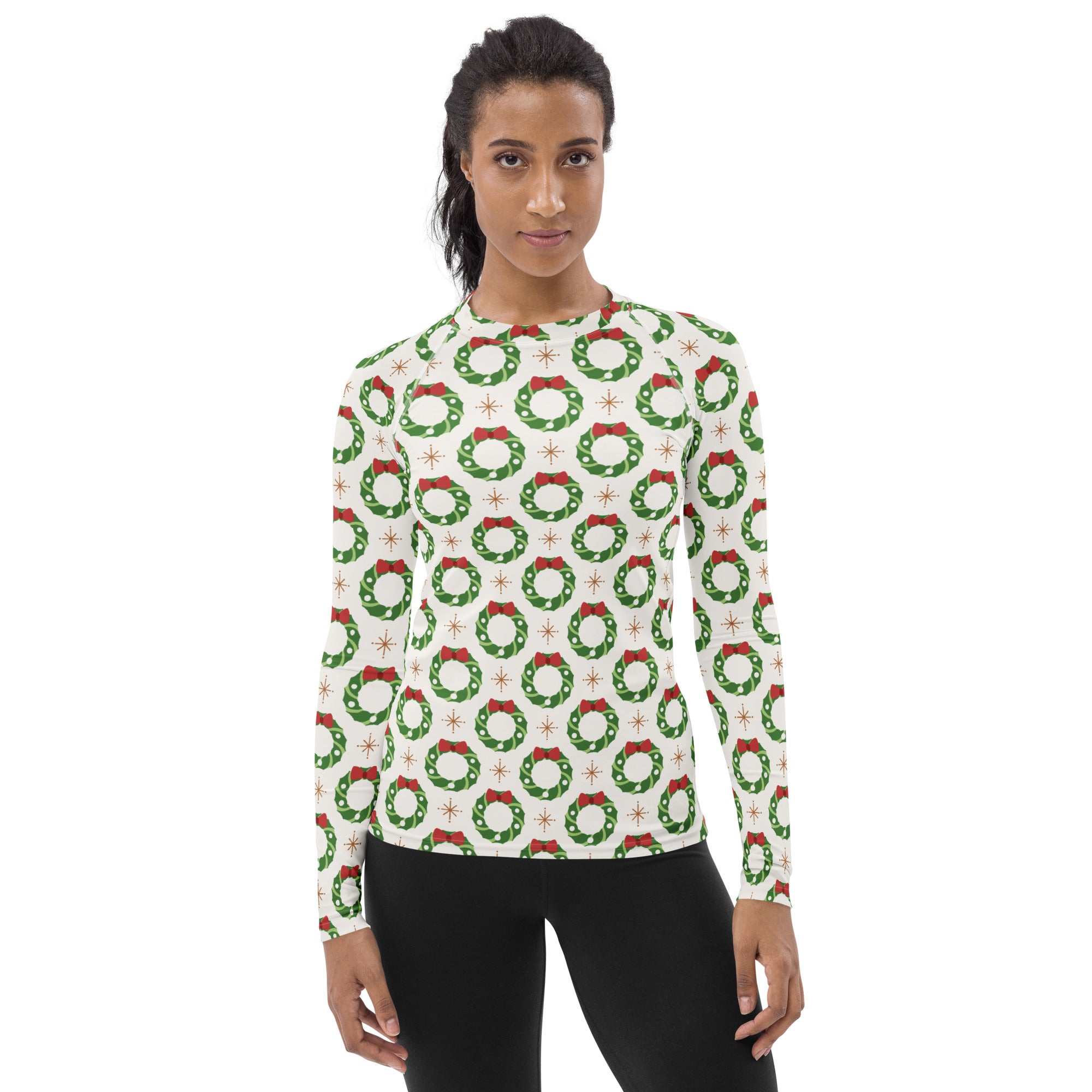 Women's Christmas Wreath Long Sleeve Rash Guard Swim Shirt – Buttery Soft, Sun Safe UPF 50+ Protection, Quick Dry & 4-Way Stretch Comfort
