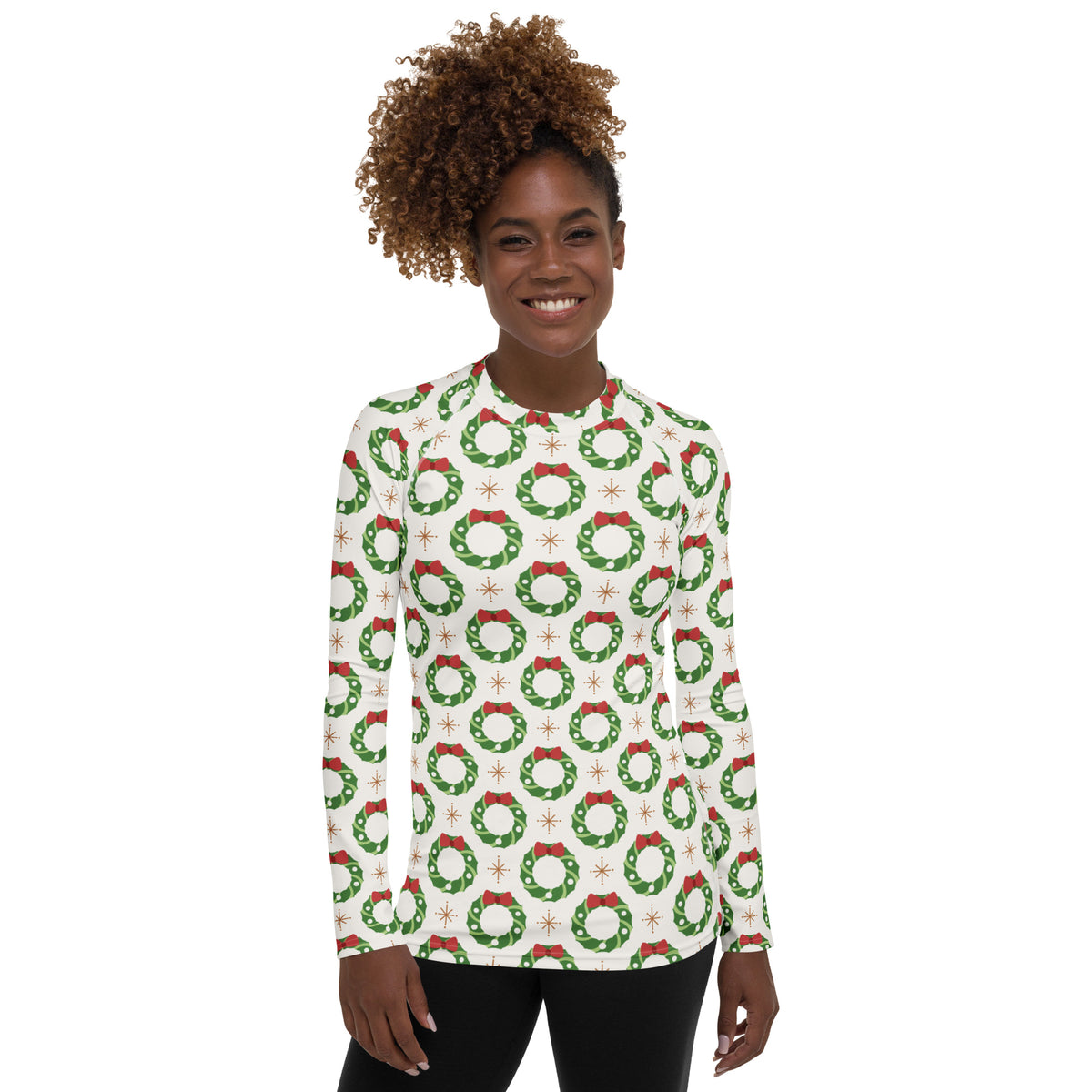 Women's Christmas Wreath Long Sleeve Rash Guard Swim Shirt – Buttery Soft, Sun Safe UPF 50+ Protection, Quick Dry & 4-Way Stretch Comfort