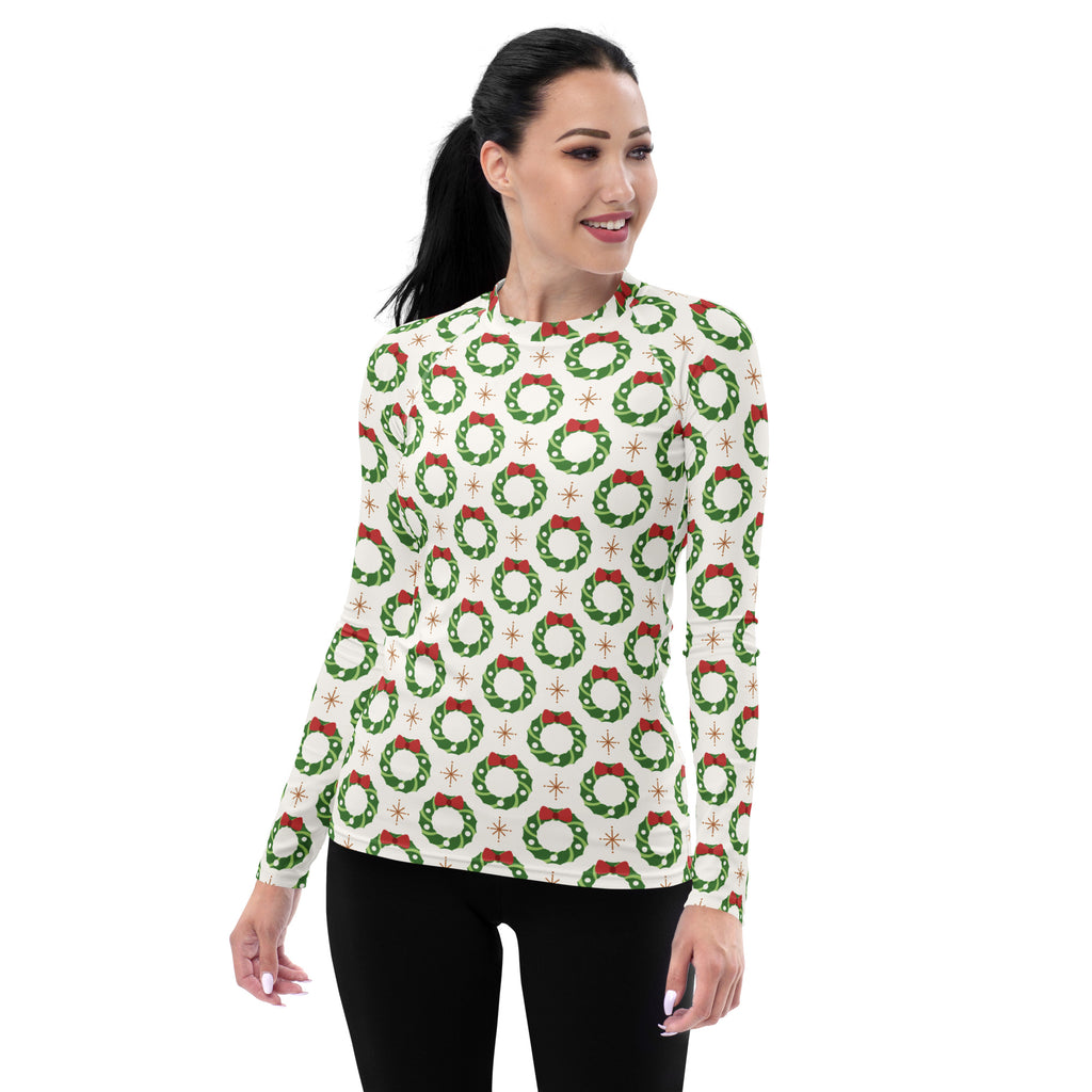 Women's Christmas Wreath Long Sleeve Rash Guard Swim Shirt – Buttery Soft, Sun Safe UPF 50+ Protection, Quick Dry & 4-Way Stretch Comfort