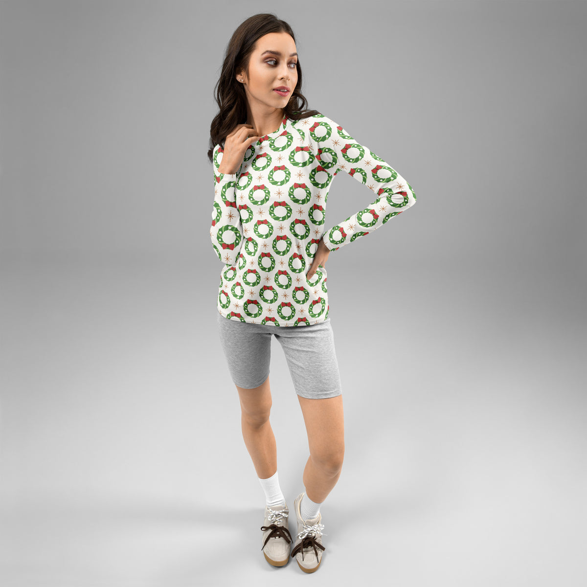Women's Christmas Wreath Long Sleeve Rash Guard Swim Shirt – Buttery Soft, Sun Safe UPF 50+ Protection, Quick Dry & 4-Way Stretch Comfort