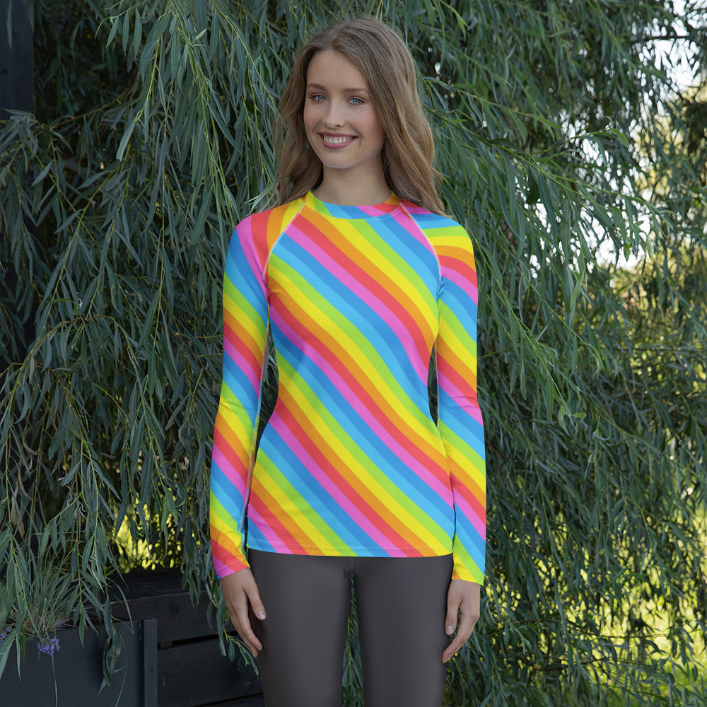 Women's Rainbow Stripe Long Sleeve Rash Guard Swim Shirt – Buttery Soft, Sun Safe UPF 50+ Protection, Quick Dry & 4-Way Stretch Comfort