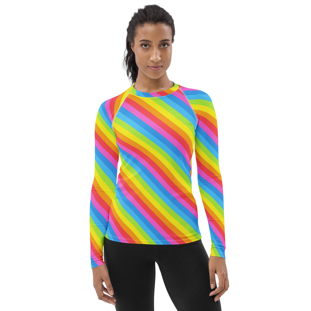 Women's Rainbow Stripe Long Sleeve Rash Guard Swim Shirt – Buttery Soft, Sun Safe UPF 50+ Protection, Quick Dry & 4-Way Stretch Comfort