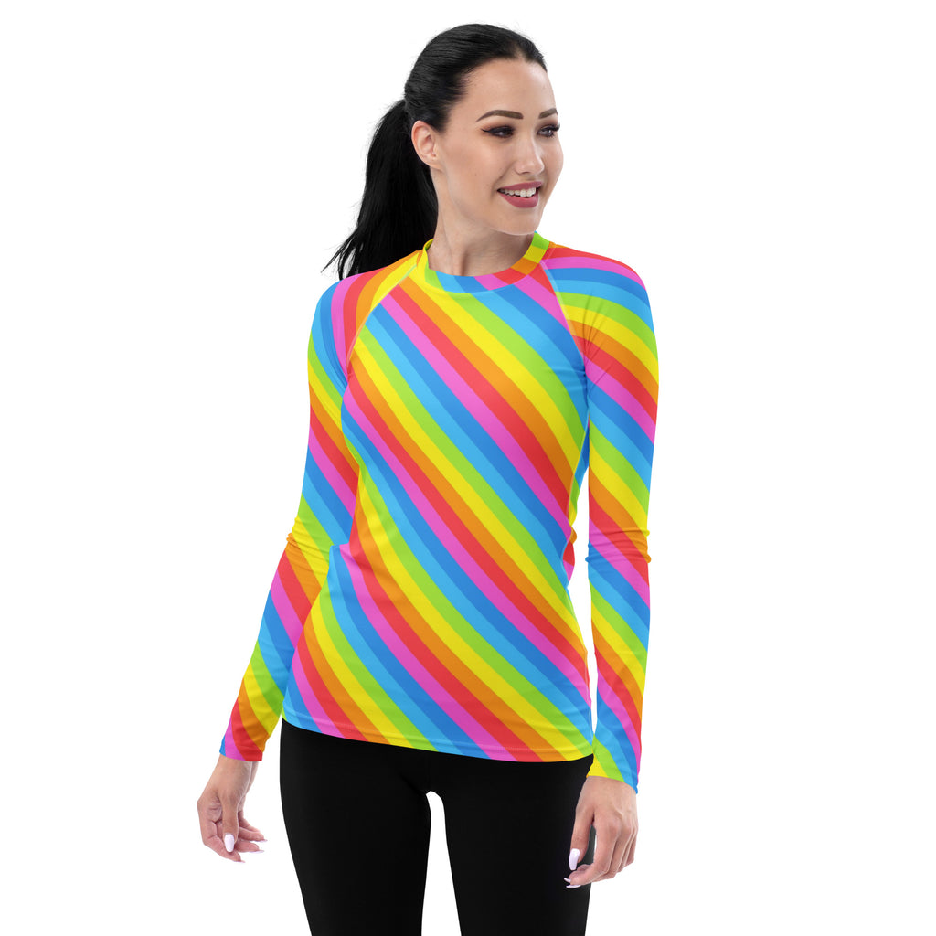 Women's Rainbow Stripe Long Sleeve Rash Guard Swim Shirt – Buttery Soft, Sun Safe UPF 50+ Protection, Quick Dry & 4-Way Stretch Comfort
