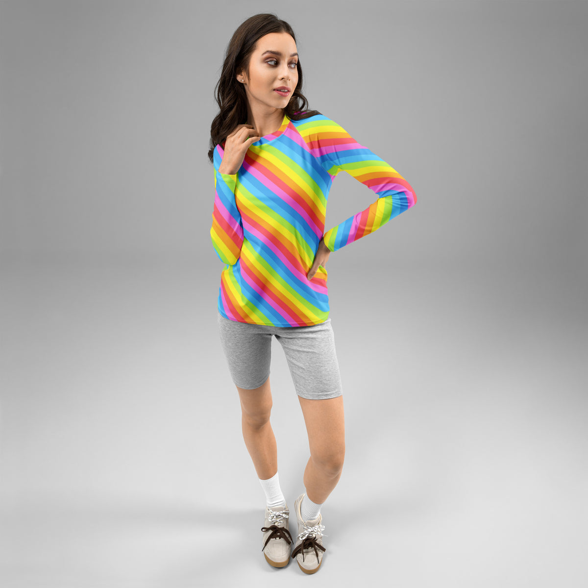 Women's Rainbow Stripe Long Sleeve Rash Guard Swim Shirt – Buttery Soft, Sun Safe UPF 50+ Protection, Quick Dry & 4-Way Stretch Comfort