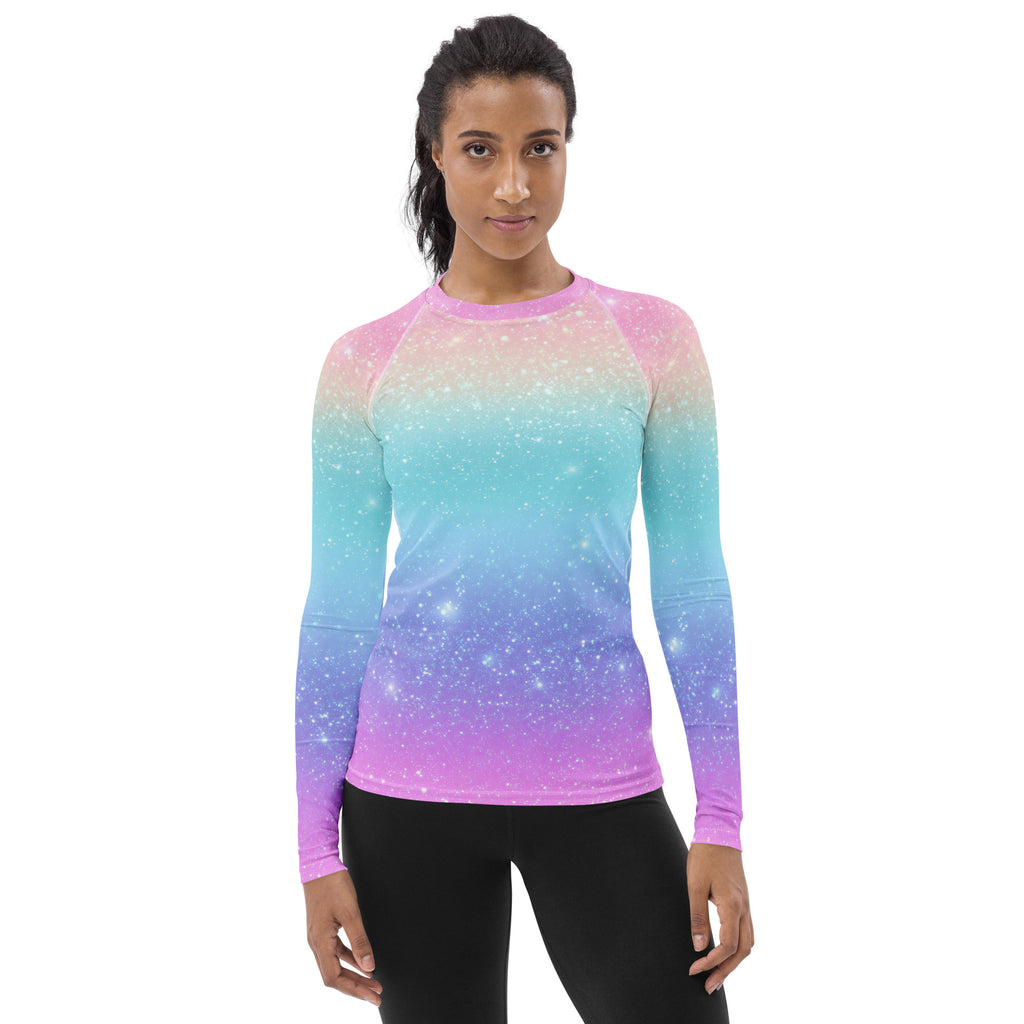 Women's Faux Sparkle Effect Long Sleeve Rash Guard Swim Shirt – Buttery Soft, Sun Safe UPF 50+ Protection, Quick Dry & 4-Way Stretch Comfort