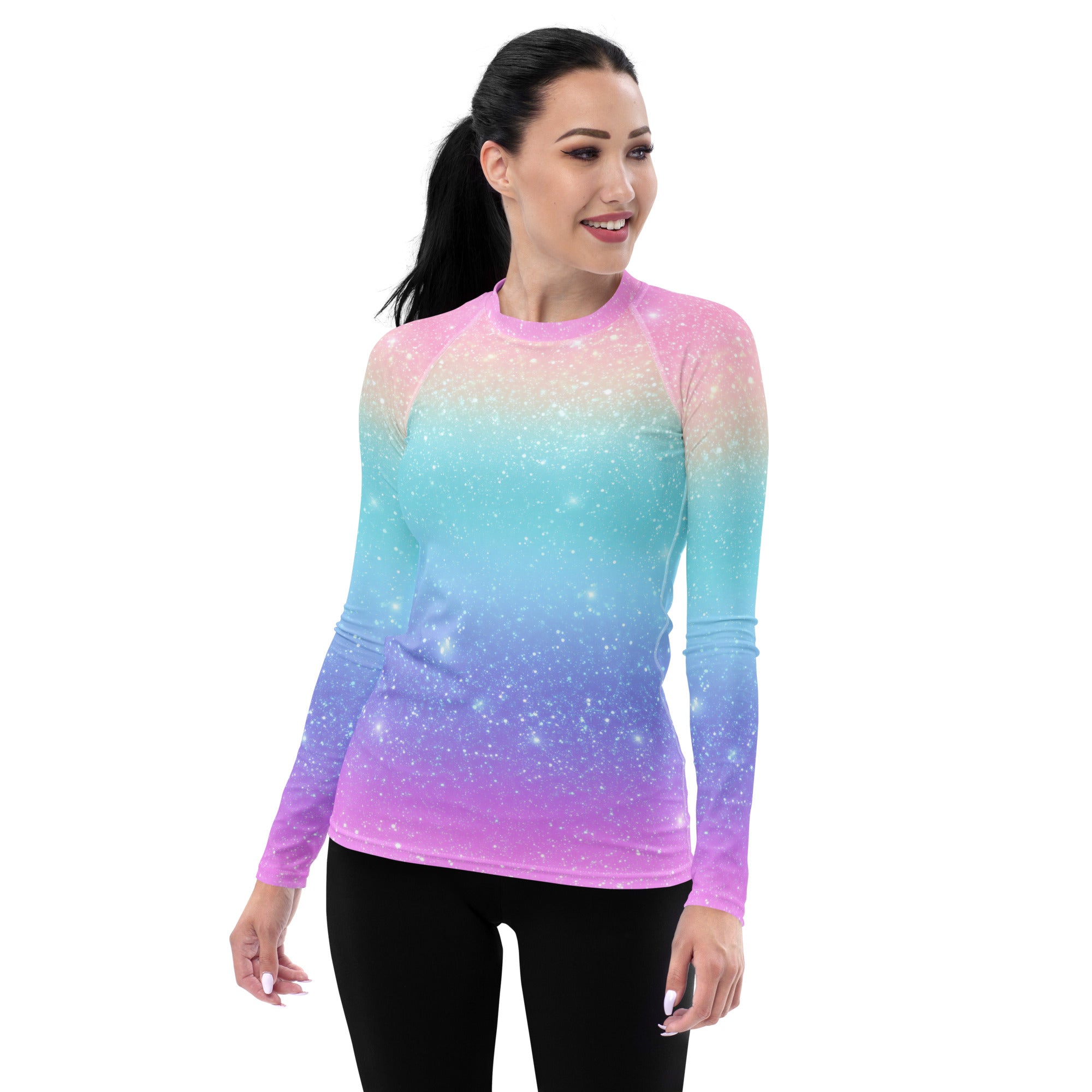 Women's Faux Sparkle Effect Long Sleeve Rash Guard Swim Shirt – Buttery Soft, Sun Safe UPF 50+ Protection, Quick Dry & 4-Way Stretch Comfort