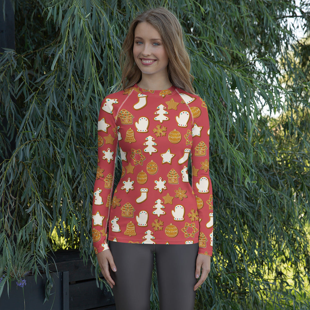 Women's Red Christmas Cookie Long Sleeve Rash Guard Swim Shirt – Buttery Soft, Sun Safe UPF 50+ Protection, Quick Dry & 4-Way Stretch Comfort