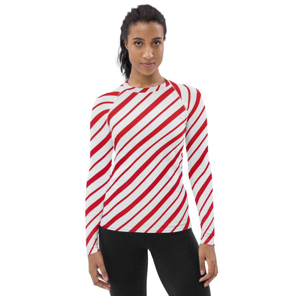 Women's Red Candy Cane Stripe Long Sleeve Rash Guard Swim Shirt – Buttery Soft, Sun Safe UPF 50+ Protection, Quick Dry & 4-Way Stretch Comfort