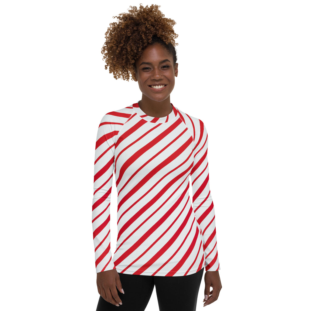 Women's Red Candy Cane Stripe Long Sleeve Rash Guard Swim Shirt – Buttery Soft, Sun Safe UPF 50+ Protection, Quick Dry & 4-Way Stretch Comfort