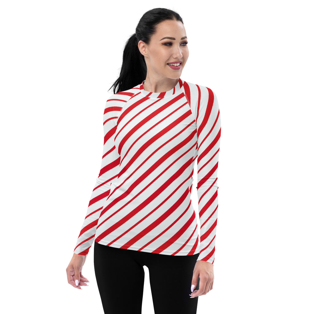 Women's Red Candy Cane Stripe Long Sleeve Rash Guard Swim Shirt – Buttery Soft, Sun Safe UPF 50+ Protection, Quick Dry & 4-Way Stretch Comfort