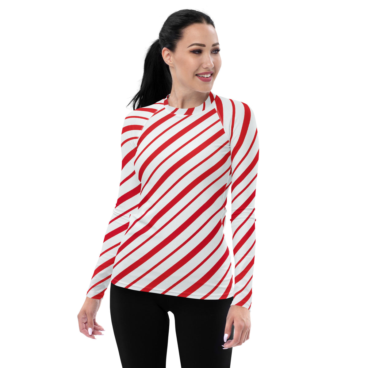 Women's Red Candy Cane Stripe Long Sleeve Rash Guard Swim Shirt – Buttery Soft, Sun Safe UPF 50+ Protection, Quick Dry & 4-Way Stretch Comfort
