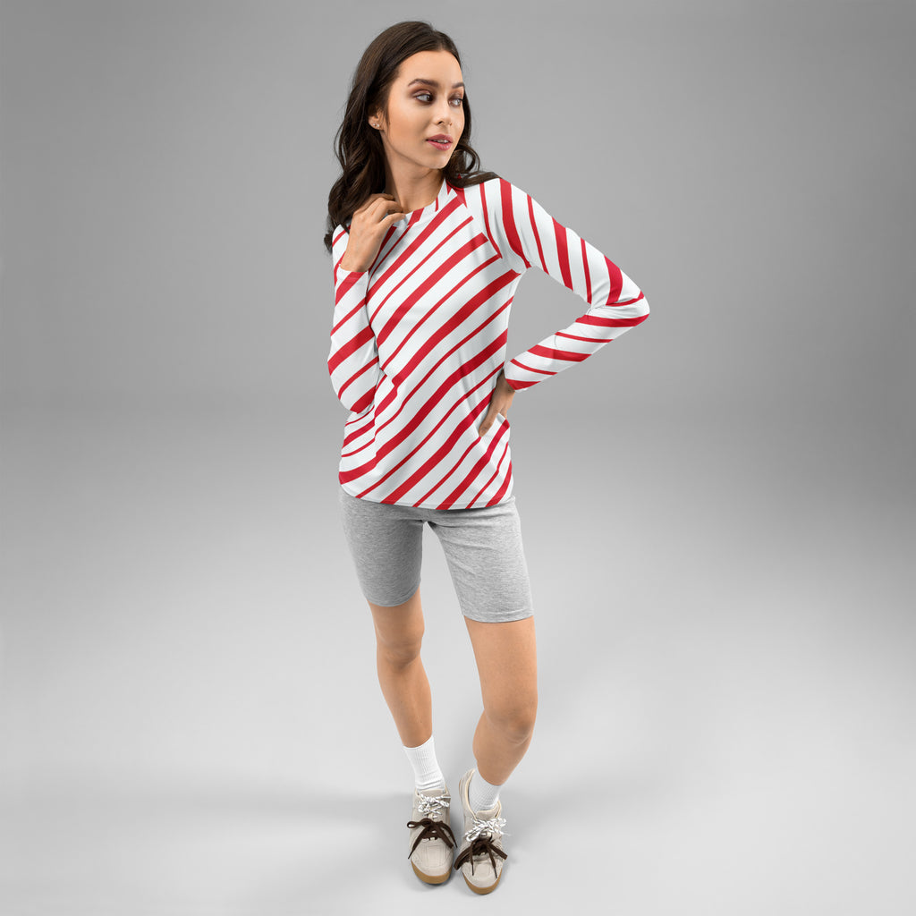 Women's Red Candy Cane Stripe Long Sleeve Rash Guard Swim Shirt – Buttery Soft, Sun Safe UPF 50+ Protection, Quick Dry & 4-Way Stretch Comfort