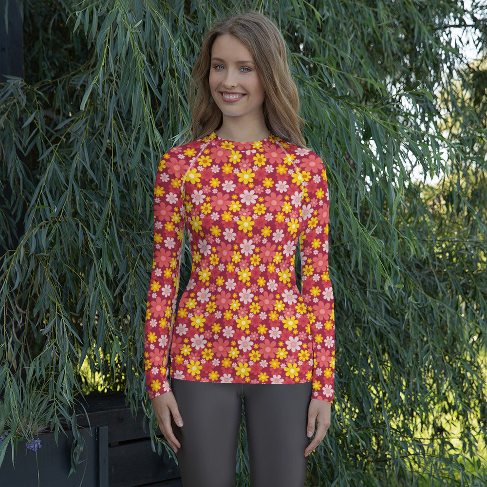 Women's Red Floral Long Sleeve Rash Guard Swim Shirt – Buttery Soft, Sun Safe UPF 50+ Protection, Quick Dry & 4-Way Stretch Comfort