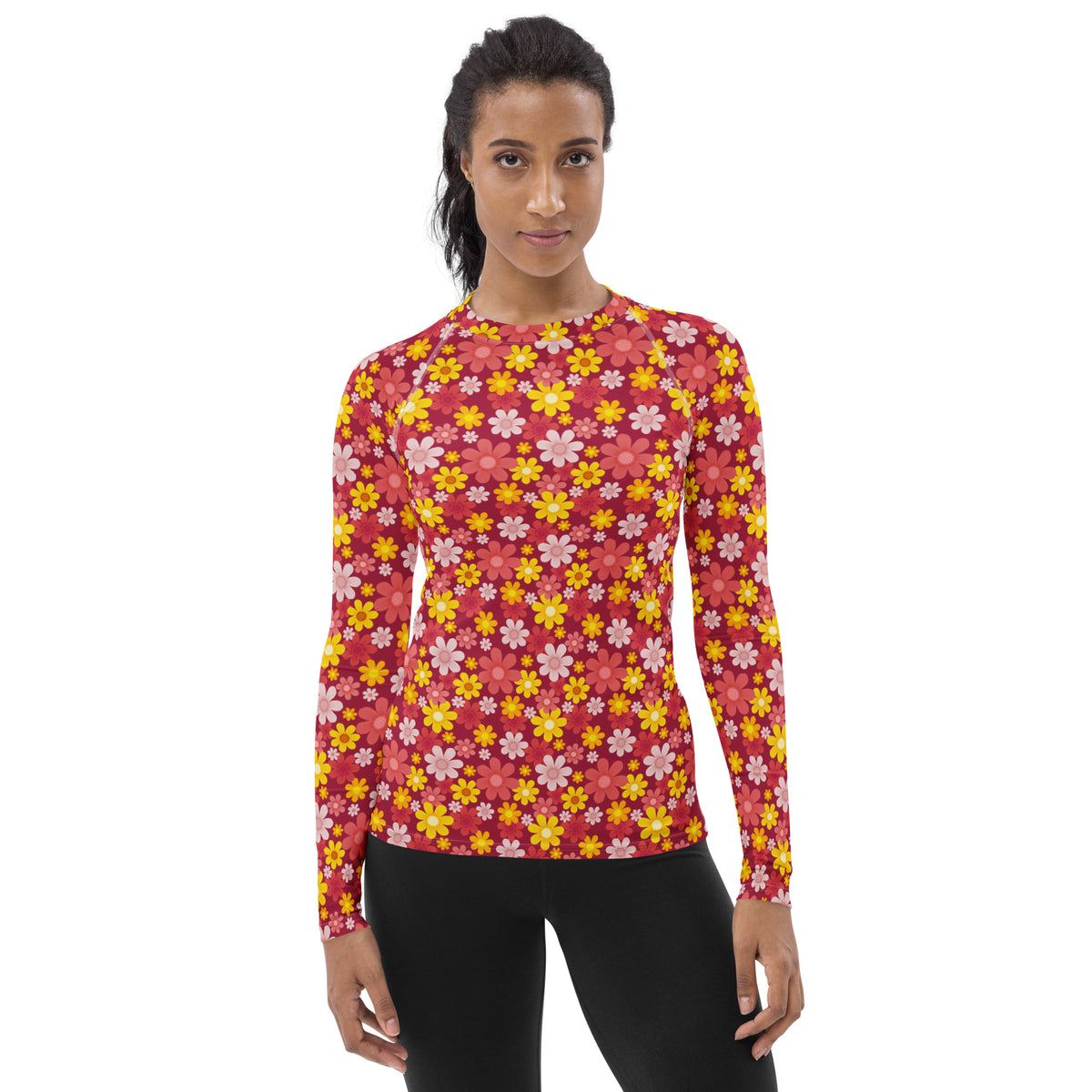 Women's Red Floral Long Sleeve Rash Guard Swim Shirt – Buttery Soft, Sun Safe UPF 50+ Protection, Quick Dry & 4-Way Stretch Comfort