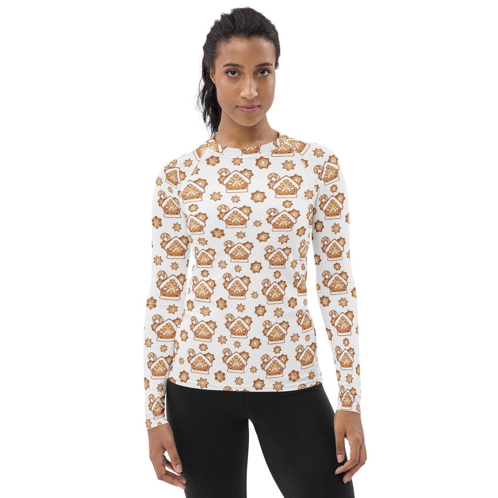 Women's Gingerbread House Long Sleeve Rash Guard Swim Shirt – Buttery Soft, Sun Safe UPF 50+ Protection, Quick Dry & 4-Way Stretch Comfort