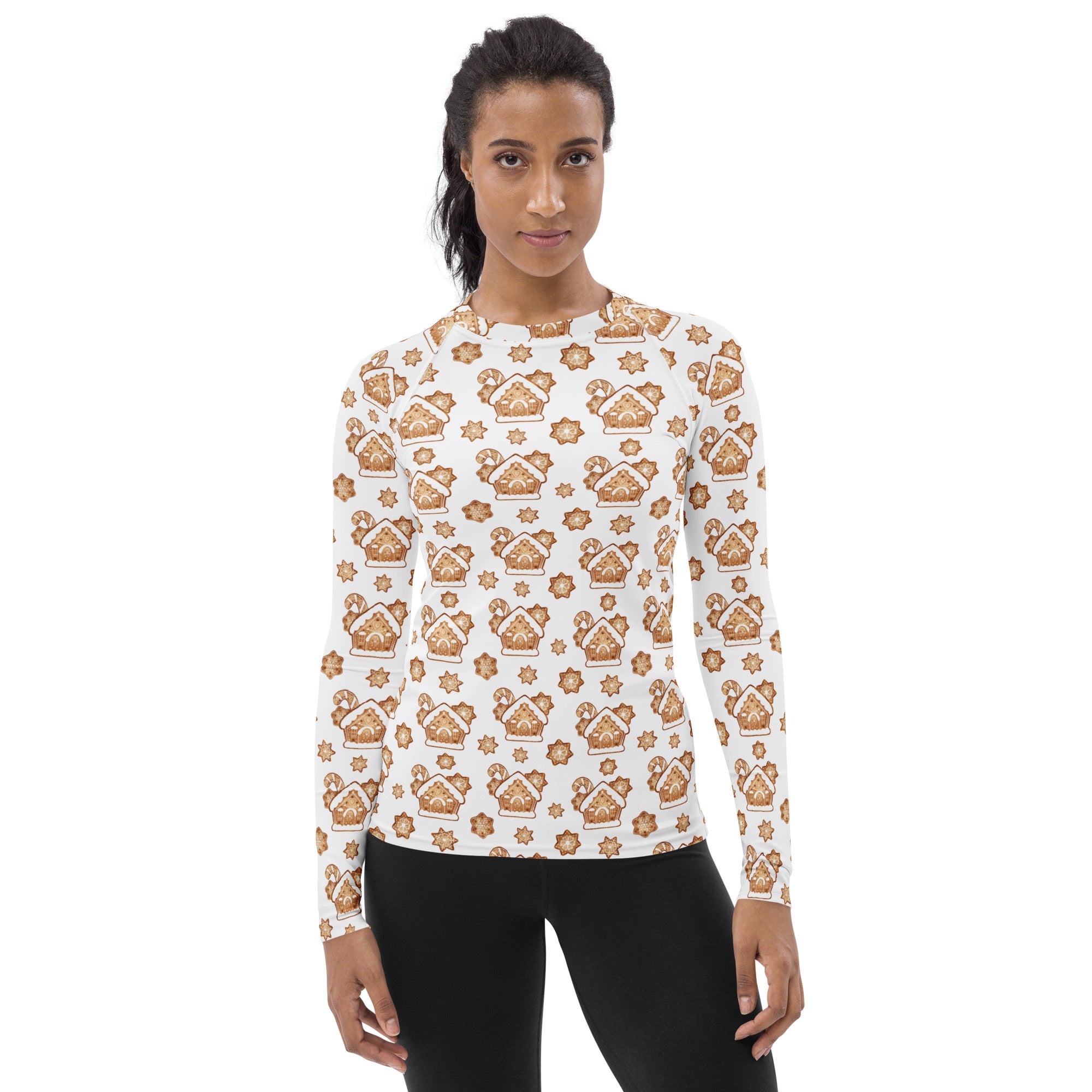 Women's Gingerbread House Long Sleeve Rash Guard Swim Shirt – Buttery Soft, Sun Safe UPF 50+ Protection, Quick Dry & 4-Way Stretch Comfort