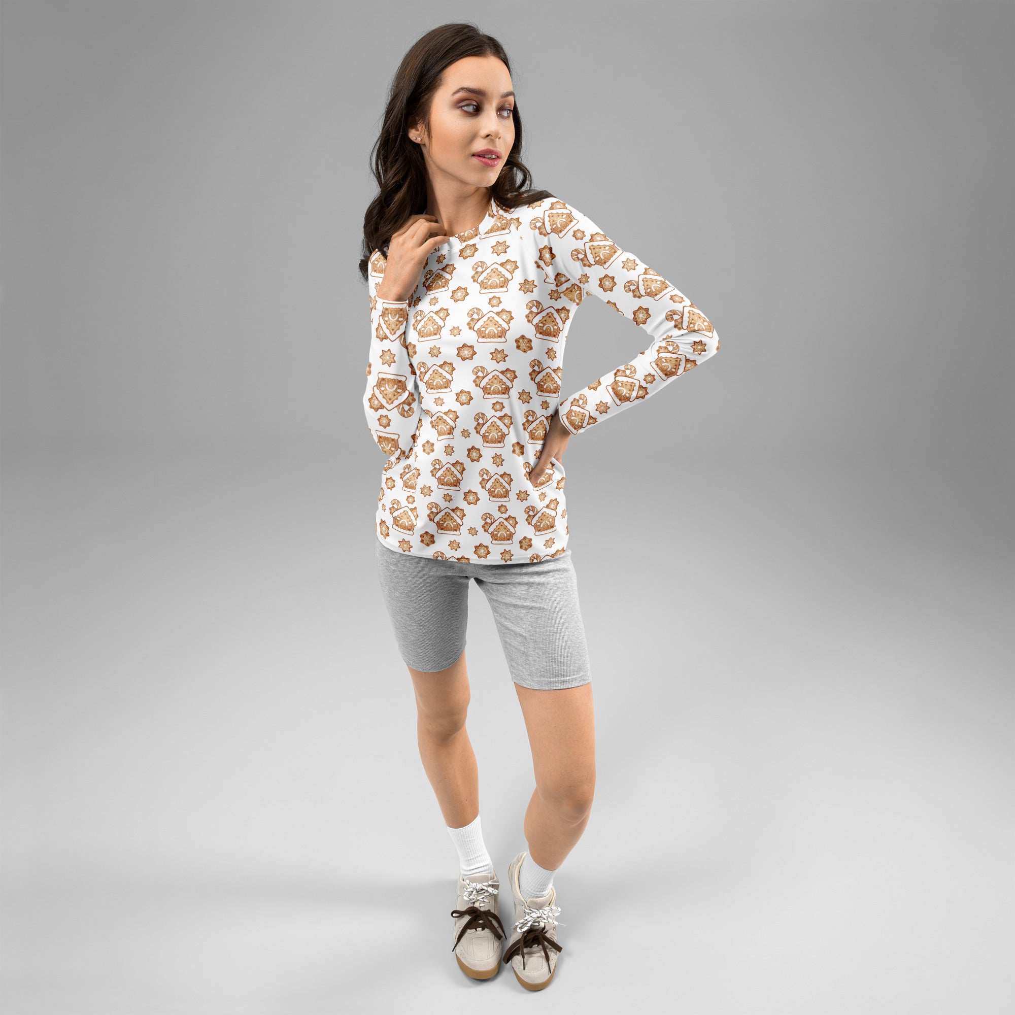 Women's Gingerbread House Long Sleeve Rash Guard Swim Shirt – Buttery Soft, Sun Safe UPF 50+ Protection, Quick Dry & 4-Way Stretch Comfort