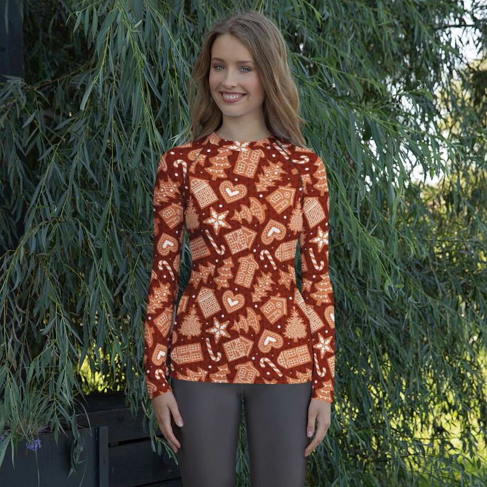 Women's Red Gingerbread Cookie Long Sleeve Rash Guard Swim Shirt – Buttery Soft, Sun Safe UPF 50+ Protection, Quick Dry & 4-Way Stretch Comfort