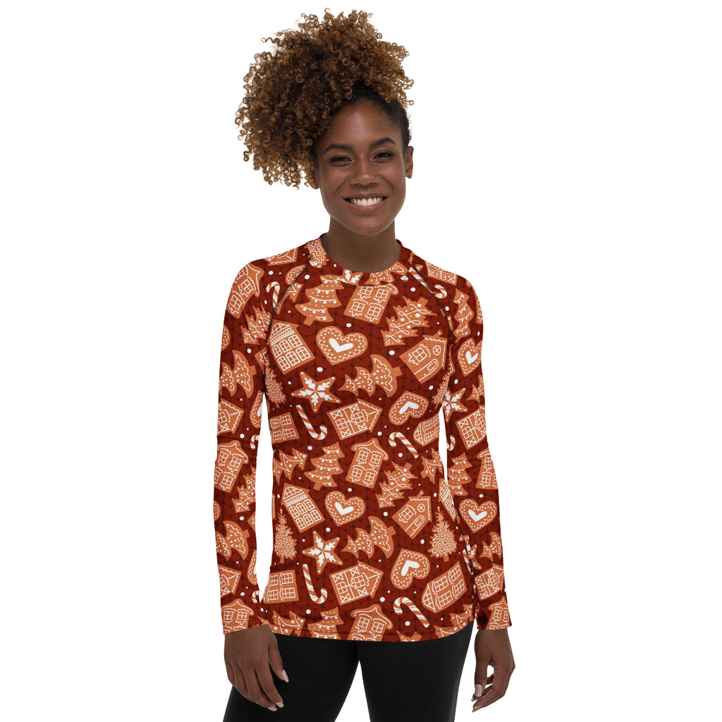 Women's Red Gingerbread Cookie Long Sleeve Rash Guard Swim Shirt – Buttery Soft, Sun Safe UPF 50+ Protection, Quick Dry & 4-Way Stretch Comfort
