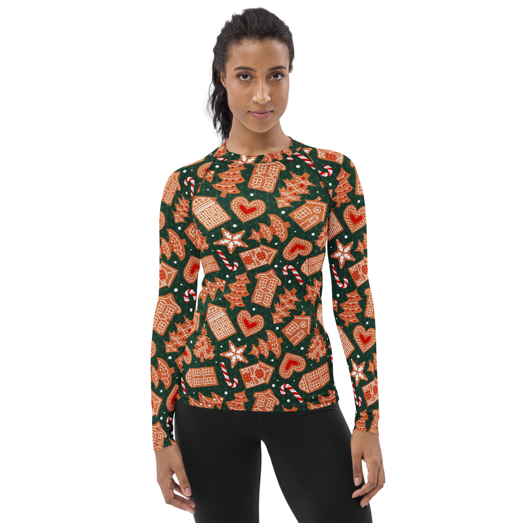 Women's Green Gingerbread Cookie Long Sleeve Rash Guard Swim Shirt – Buttery Soft, Sun Safe UPF 50+ Protection, Quick Dry & 4-Way Stretch Comfort
