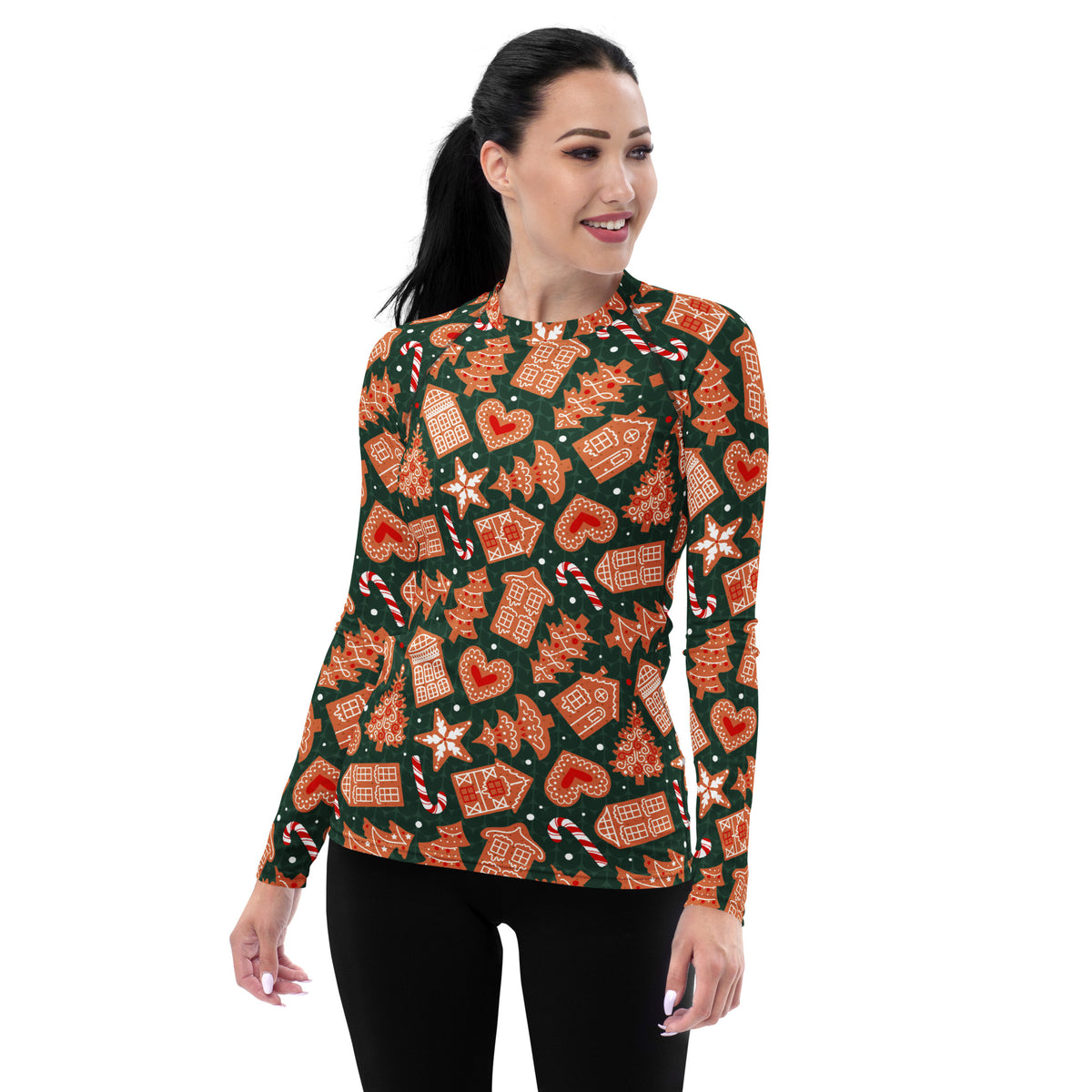 Women's Green Gingerbread Cookie Long Sleeve Rash Guard Swim Shirt – Buttery Soft, Sun Safe UPF 50+ Protection, Quick Dry & 4-Way Stretch Comfort