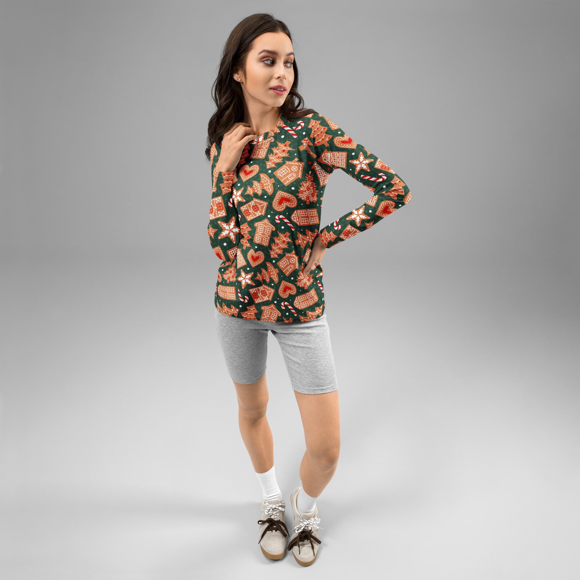 Women's Green Gingerbread Cookie Long Sleeve Rash Guard Swim Shirt – Buttery Soft, Sun Safe UPF 50+ Protection, Quick Dry & 4-Way Stretch Comfort