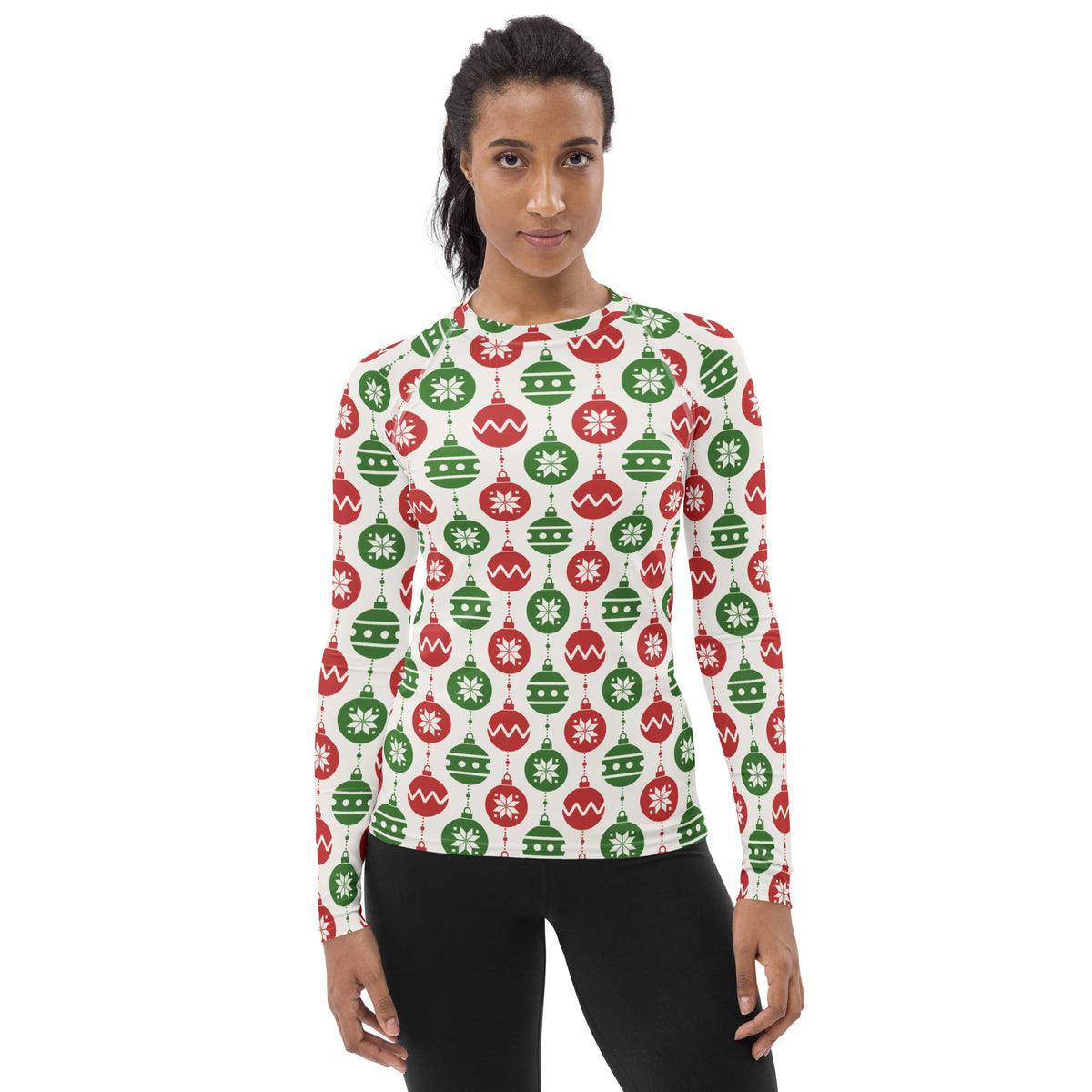 Women's Christmas Ornament Long Sleeve Rash Guard Swim Shirt – Buttery Soft, Sun Safe UPF 50+ Protection, Quick Dry & 4-Way Stretch Comfort