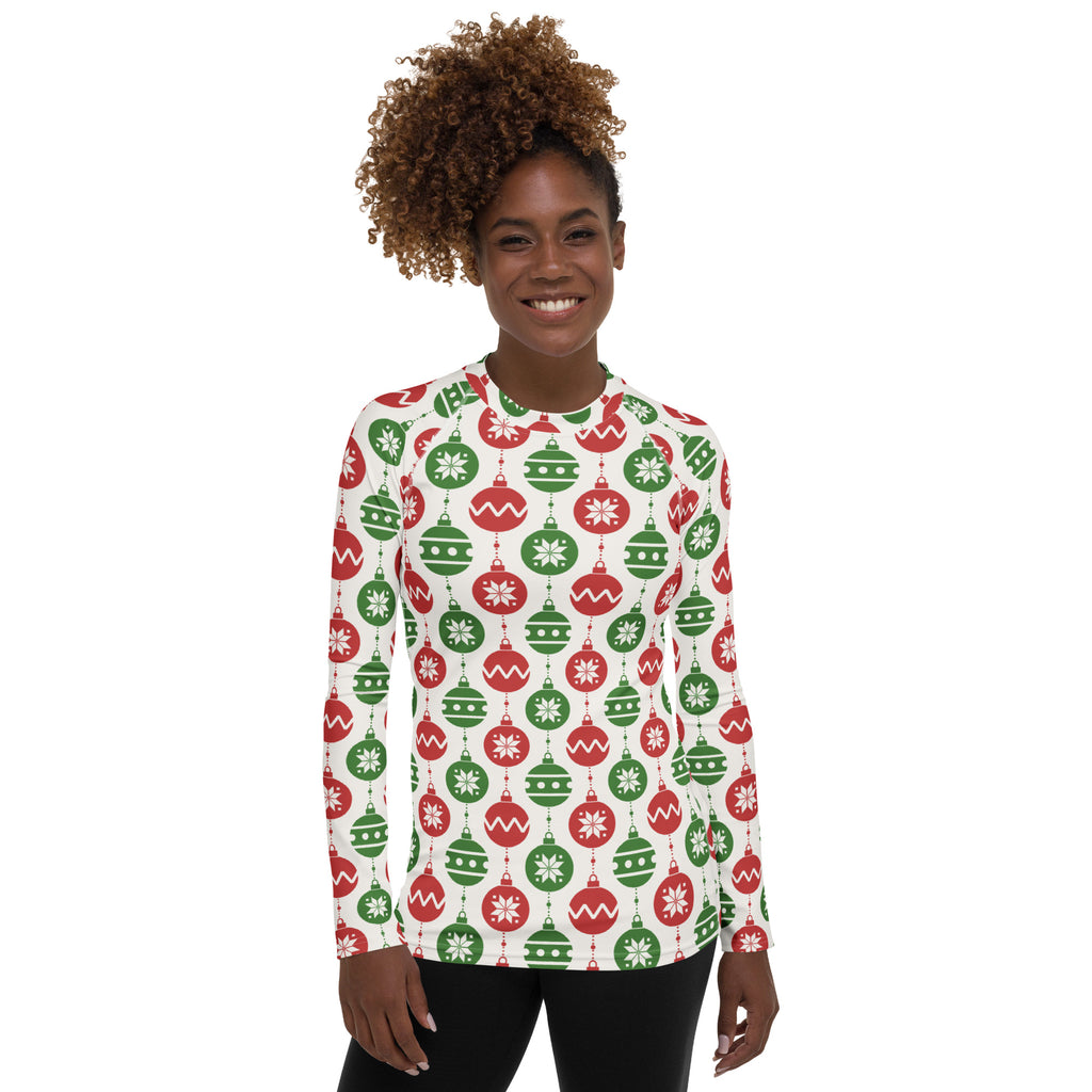 Women's Christmas Ornament Long Sleeve Rash Guard Swim Shirt – Buttery Soft, Sun Safe UPF 50+ Protection, Quick Dry & 4-Way Stretch Comfort