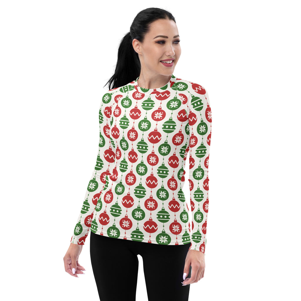 Women's Christmas Ornament Long Sleeve Rash Guard Swim Shirt – Buttery Soft, Sun Safe UPF 50+ Protection, Quick Dry & 4-Way Stretch Comfort