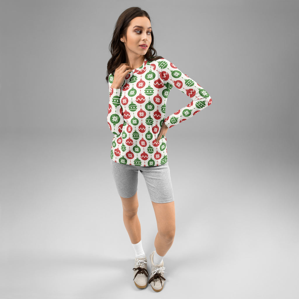 Women's Christmas Ornament Long Sleeve Rash Guard Swim Shirt – Buttery Soft, Sun Safe UPF 50+ Protection, Quick Dry & 4-Way Stretch Comfort