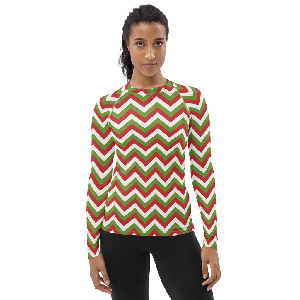 Women's Christmas Chevron Long Sleeve Rash Guard Swim Shirt – Buttery Soft, Sun Safe UPF 50+ Protection, Quick Dry & 4-Way Stretch Comfort