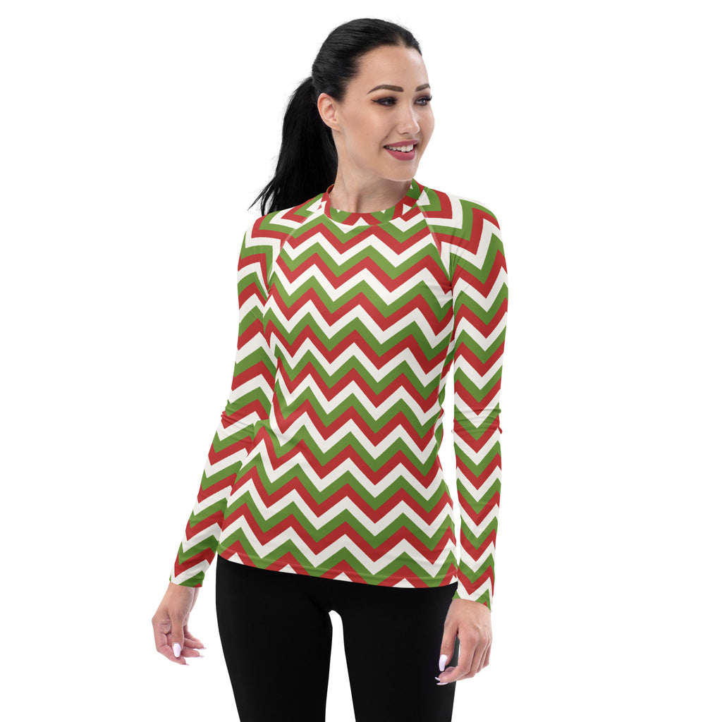 Women's Christmas Chevron Long Sleeve Rash Guard Swim Shirt – Buttery Soft, Sun Safe UPF 50+ Protection, Quick Dry & 4-Way Stretch Comfort