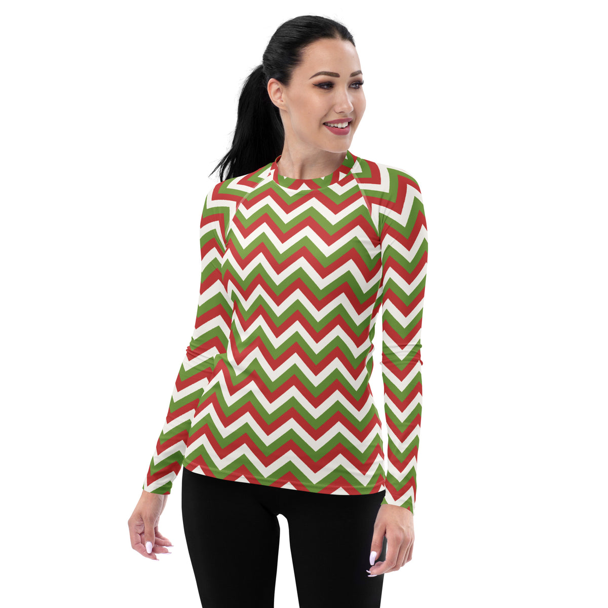 Women's Christmas Chevron Long Sleeve Rash Guard Swim Shirt – Buttery Soft, Sun Safe UPF 50+ Protection, Quick Dry & 4-Way Stretch Comfort