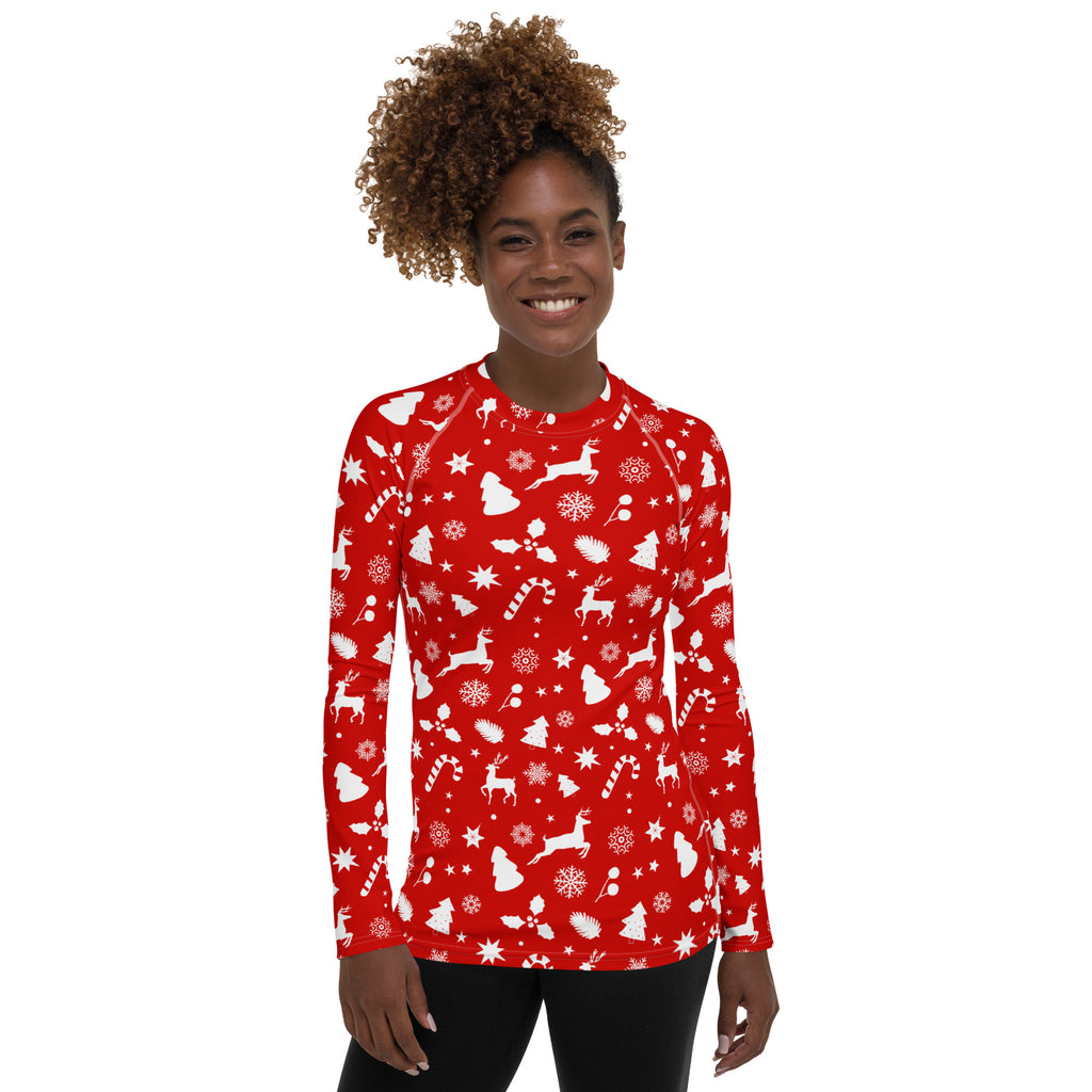 Women's Red Christmas Long Sleeve Rash Guard Swim Shirt – Buttery Soft, Sun Safe UPF 50+ Protection, Quick Dry & 4-Way Stretch Comfort