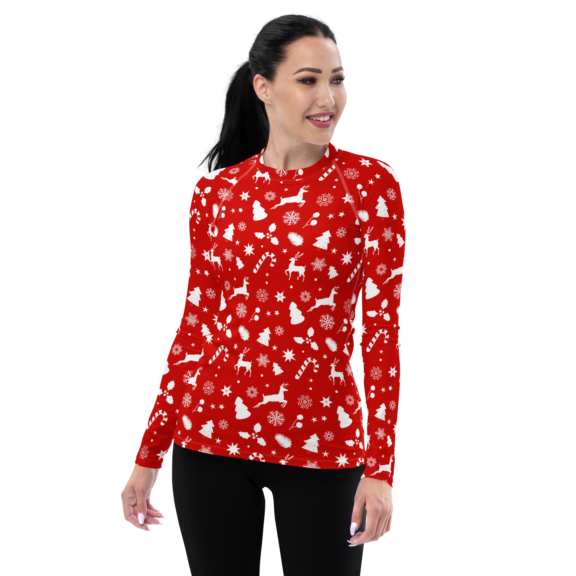 Women's Red Christmas Long Sleeve Rash Guard Swim Shirt – Buttery Soft, Sun Safe UPF 50+ Protection, Quick Dry & 4-Way Stretch Comfort