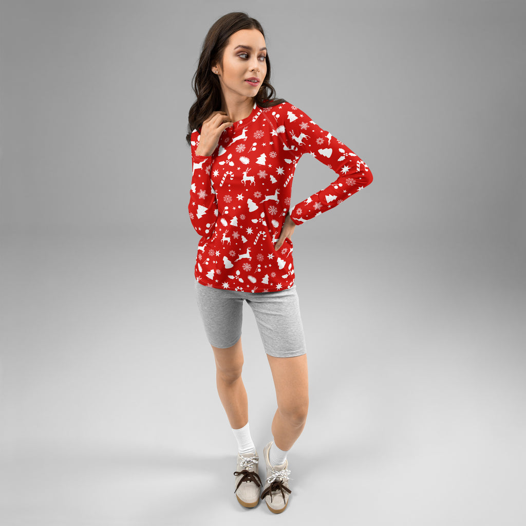 Women's Red Christmas Long Sleeve Rash Guard Swim Shirt – Buttery Soft, Sun Safe UPF 50+ Protection, Quick Dry & 4-Way Stretch Comfort