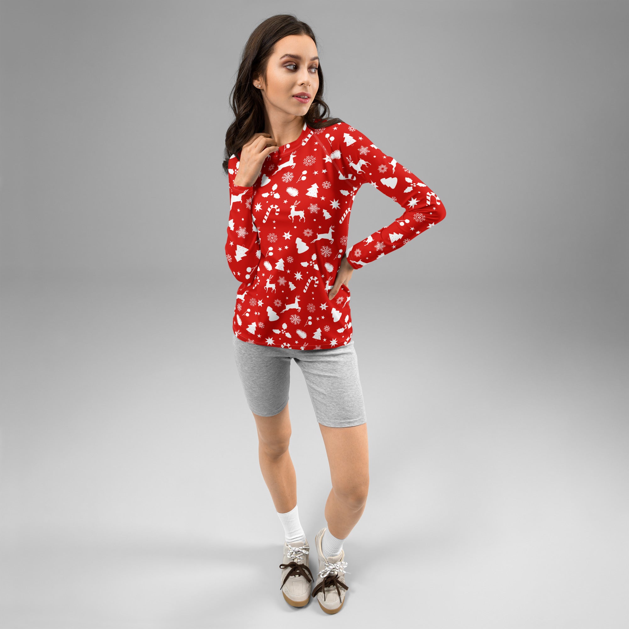 Women's Red Christmas Long Sleeve Rash Guard Swim Shirt – Buttery Soft, Sun Safe UPF 50+ Protection, Quick Dry & 4-Way Stretch Comfort