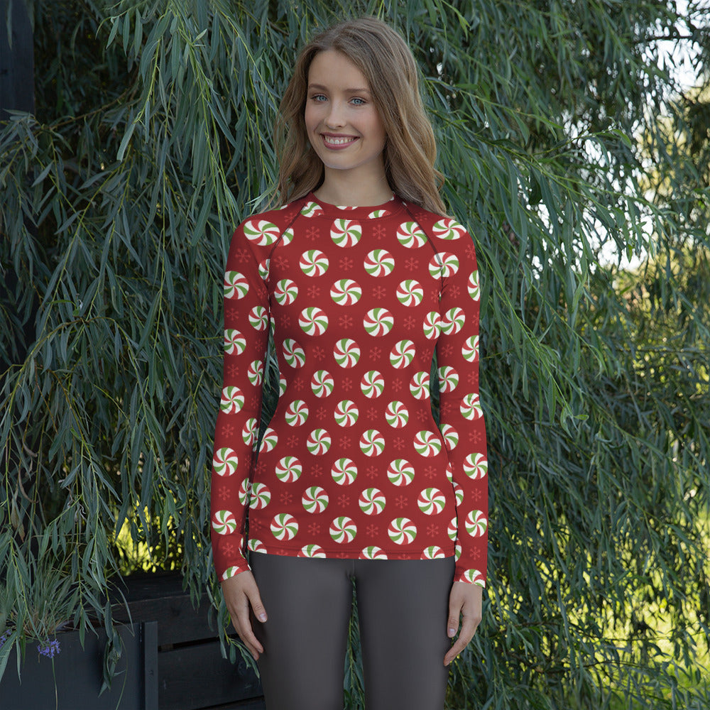 Women's Peppermint Christmas Long Sleeve Rash Guard Swim Shirt – Buttery Soft, Sun Safe UPF 50+ Protection, Quick Dry & 4-Way Stretch Comfort
