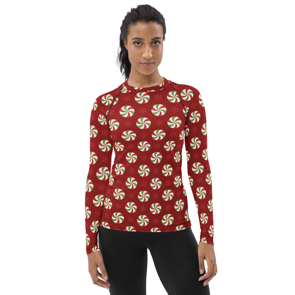 Women's Peppermint Christmas Long Sleeve Rash Guard Swim Shirt – Buttery Soft, Sun Safe UPF 50+ Protection, Quick Dry & 4-Way Stretch Comfort