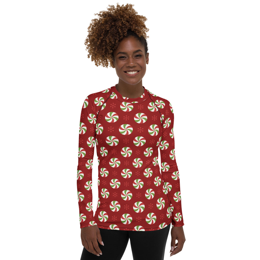 Women's Peppermint Christmas Long Sleeve Rash Guard Swim Shirt – Buttery Soft, Sun Safe UPF 50+ Protection, Quick Dry & 4-Way Stretch Comfort