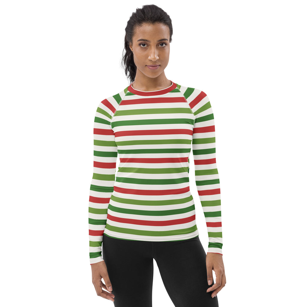 Women's Christmas Stripe Long Sleeve Rash Guard Swim Shirt – Buttery Soft, Sun Safe UPF 50+ Protection, Quick Dry & 4-Way Stretch Comfort