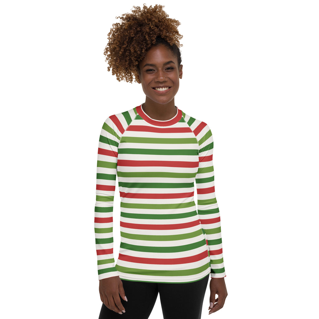 Women's Christmas Stripe Long Sleeve Rash Guard Swim Shirt – Buttery Soft, Sun Safe UPF 50+ Protection, Quick Dry & 4-Way Stretch Comfort